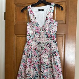 GUESS Pink Multicolor V-Neck Fit & Flare Midi Dress